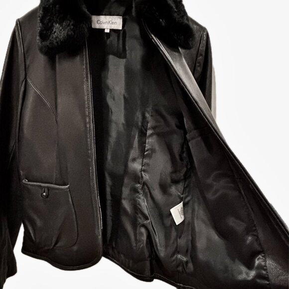 Calvin Klein Stylish Black Leather Jacket Short Coat Fur Collar Womens Small - Picture 8 of 14